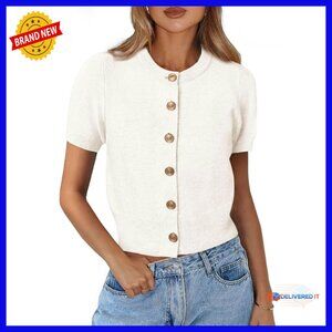 Soft Knit Crop Cardigan, Short Sleeve Button Down Sweater, Women's Casual Top